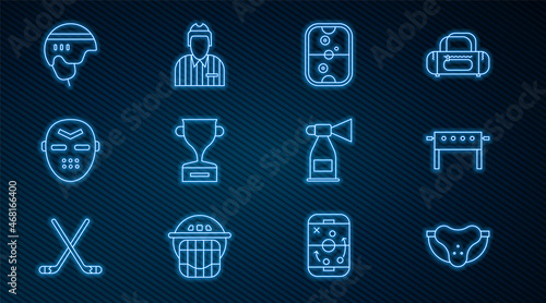 Set line Protective sport jockstrap, Hockey table, Air hockey, Award cup, mask, helmet, horn and judge, referee, arbiter icon. Vector