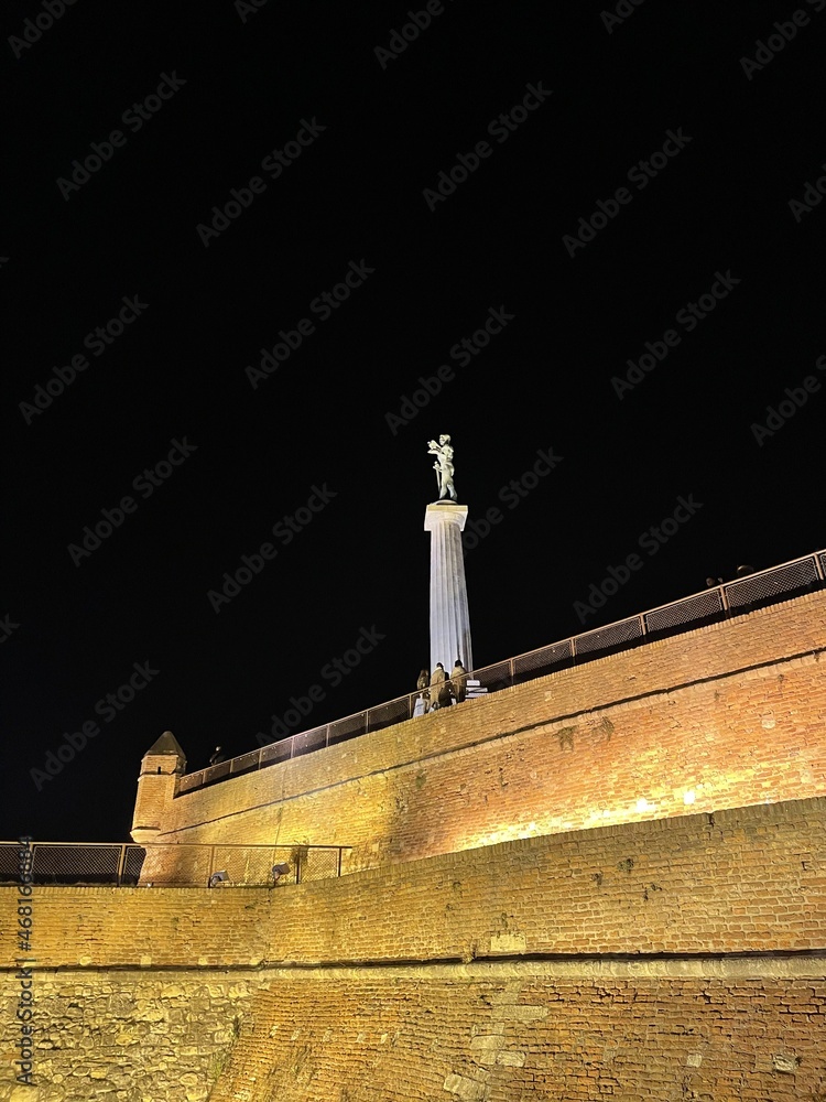 A night shot of the 14m high Vicotr (cast in 1913. by Ivan Meštrović, erected in 1928) in the Upper Town of the medieval Kalemegdan Fortress (2nd ce. Celtic tribe; 535. Byzantine emparor Justinian I).