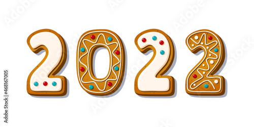 Gingerbread cookie numerals with phrase 2022 top view in cartoon style. Sweet biscuit in new year message isolated on white background. Vector illustration