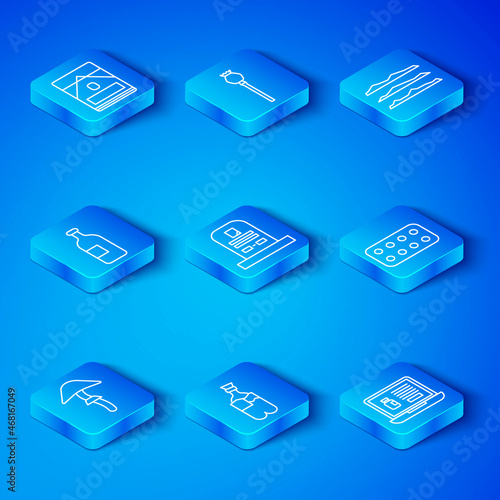 Set line Psilocybin mushroom, Bong for smoking marijuana, Pills blister pack, Cocaine heroin drug, Alcohol drink bottle, Cigarettes box and Buying drugs online laptop icon. Vector