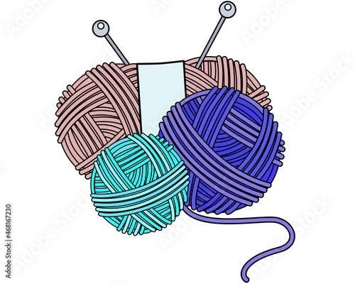 Several different balls of yarn for knitting and knitting needles - vector full color illustration. Knitting kit - yarn and knitting needles. Materials for needlework.