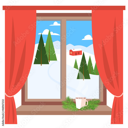 Vacation on Christmas holidays in the mountains inside the warm house with the cup of hot chocolate, looking through the window. Winter landscape snow and trees. Vector illustration.