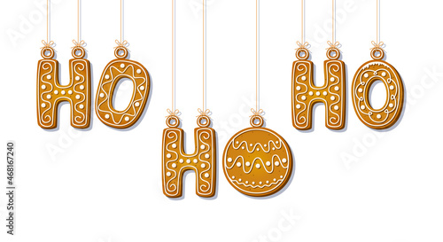 Hanging letters gingerbread cookies with ho phrase with christmas tree toy isolated on white background. Laugh of Santa Claus. Vector illustration
