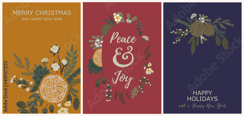 Set of beautiful retro Christmas postcards, greeting cards templates vector