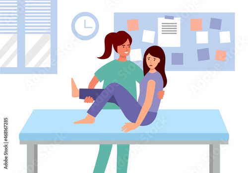 Physiotherapy or injury rehabilitation treatment concept vector illustration. Physiotherapist help patient to do physiotherapy exercise.