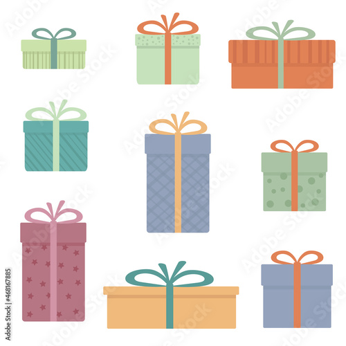 A set of gifts for the New Year or Birthday. Vector flat cartoon drawing of beautiful modern packaging boxes in pastel shades.