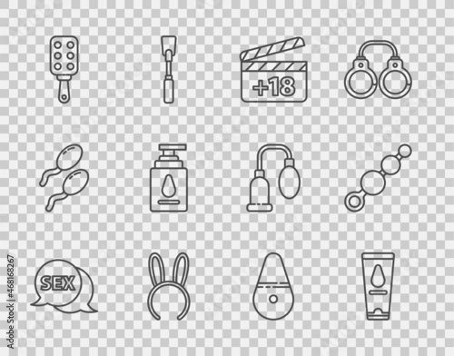 Set line Speech bubble with Sex, Personal lubricant, Movie clapper 18 plus content, Mask long bunny ears, Spanking paddle, Dildo vibrator and Anal beads icon. Vector