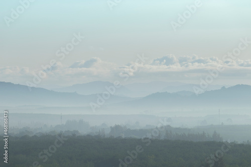 The trees are foggy in the morning with a mountain background and white clouds. Is a view from a height © Kullaya