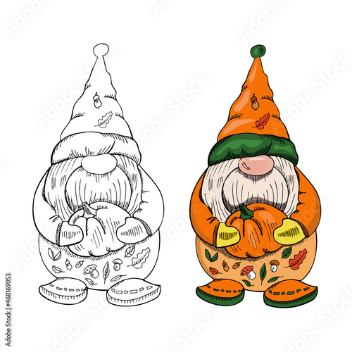 A hand-drawn gnome for halloween. The Scandinavian gnome isolated on the white background. Vintage vector illustration.