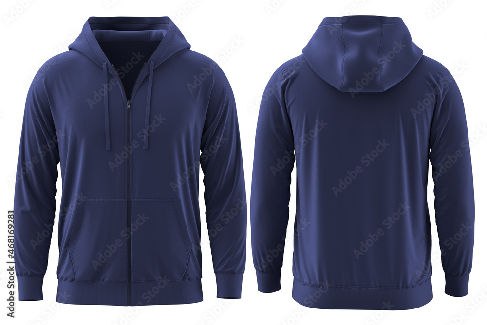 NAVY ] 3D render Full Zipper Blank male hoodie sweatshirt long sleeve,  men's hoody with hood for your design mockup for print, isolated on white  background. Template sport winter clothes ilustración de