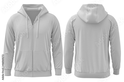 [ WHITE] 3D render Full Zipper Blank male hoodie sweatshirt long sleeve, men's hoody with hood for your design mockup for print, isolated on white background. Template sport winter clothes