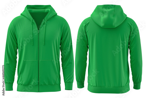 [ GREEN] 3D render Full Zipper Blank male hoodie sweatshirt long sleeve, men's hoody with hood for your design mockup for print, isolated on white background. Template sport winter clothes