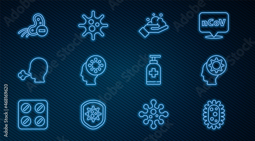 Set line Virus, Human and virus, Washing hands with soap, Man coughing, Negative, Bottle of liquid antibacterial and icon. Vector