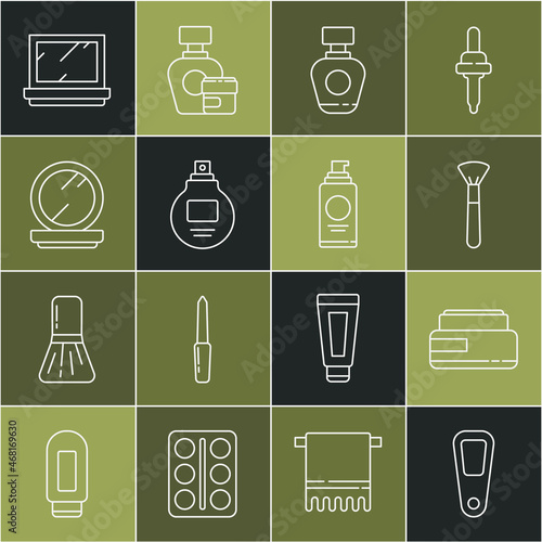 Set line Hand mirror, Cream lotion cosmetic tube, Makeup brush, Perfume, powder with, and Spray can for hairspray icon. Vector