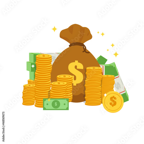 different types of money. Packing in bundles of banknotes, bills, gold coins. Vector illustration.