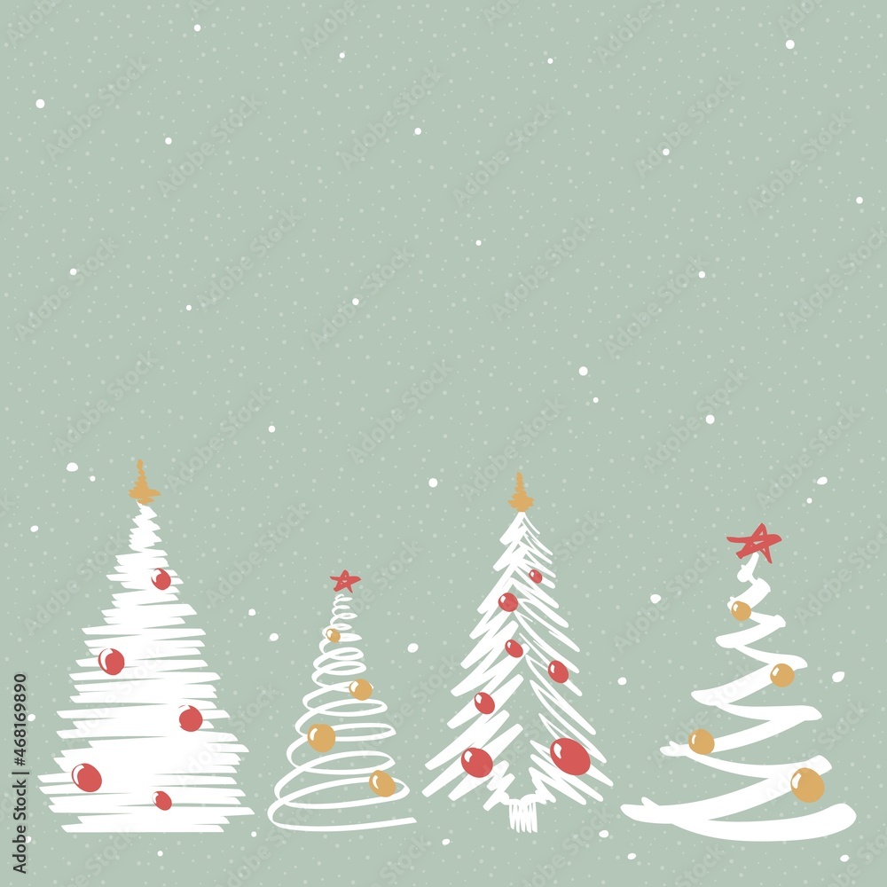 Green christmas background, aesthetic pine trees doodle. Hand draw vector illustration. Template for a postcard.