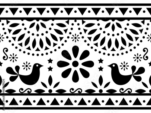 Mexican folk art vector long seamless pattern with birds and flowers, black and white textile or greeting card design inspired by traditional art form Mexico 
 