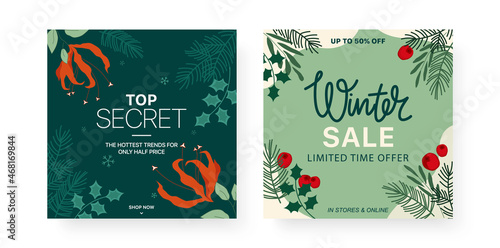 Winter sale banner set with sale discount texts. Colorfull banners with flowers, berries and christmas elements.Backgrounds collection. Template for event invitation, product catalog, ad. Vector eps10