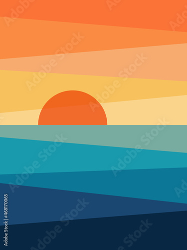 Abstract illustration of colorful (yellow, orange, blue, turquoise) sunrise by the sea with diagonal lines and sun decoration