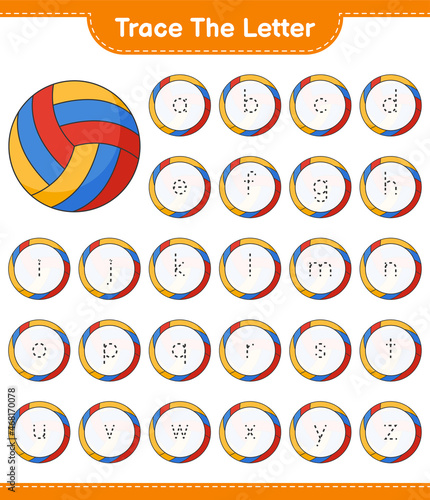Trace the letter. Tracing letter alphabet with Volleyball. Educational children game, printable worksheet, vector illustration