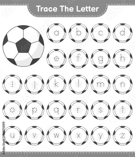 Trace the letter. Tracing letter alphabet with Soccer Ball. Educational children game, printable worksheet, vector illustration