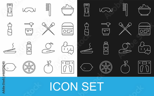 Set line Bathroom scales, Bar of soap with foam, Cream or lotion cosmetic tube, Hairbrush, Honey dipper stick and bowl, Bottle water, shampoo and Knitting needles icon. Vector