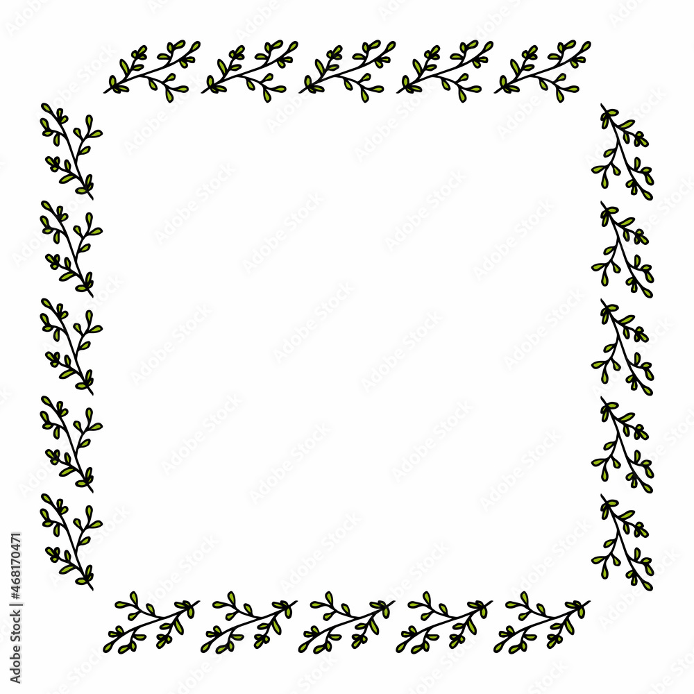 Square frame with positive summer green branches on white background. Vector image. Square frame with positive summer green branches on white background. Vector image.