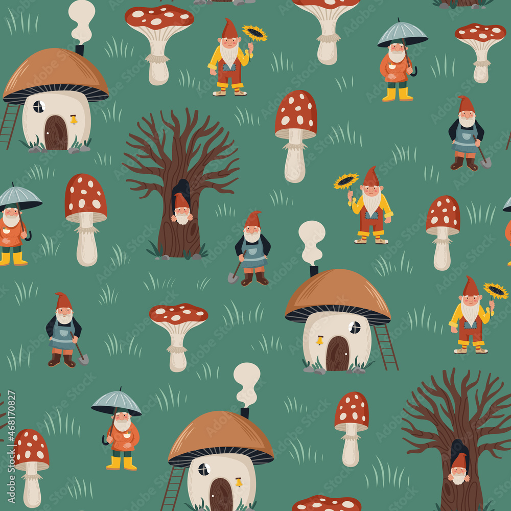 Obraz premium Seamless pattern with different garden gnomes, mushroom house. Cute childrens background