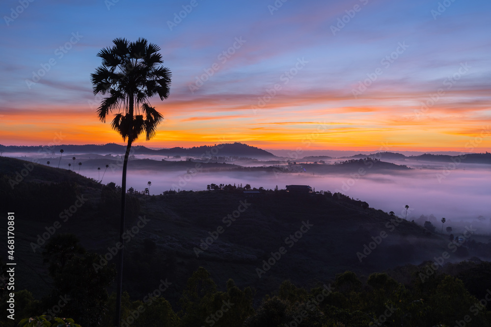 Morning mountain view with sea of fog and sunrise sky.