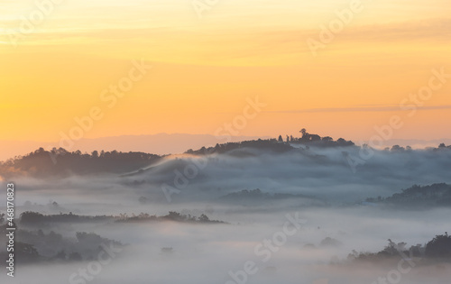 Morning mountain view with sea of fog and sunrise sky.