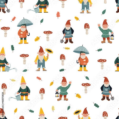 Seamless pattern with different garden gnomes. Cute character illustration