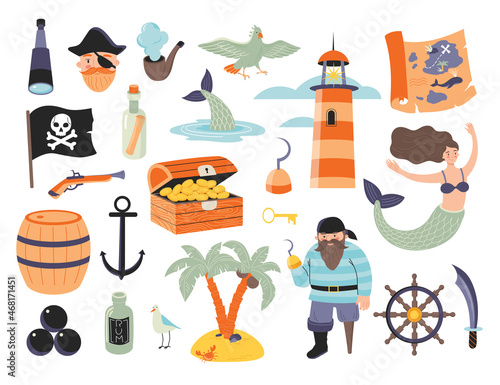 Pirate set with characters, mermaid, treasure map, chest, lighthouse, spyglass, rum, musket, jolly roger, palm islands etc. Bundle pirate