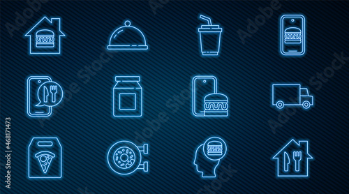 Set line Online ordering and delivery, Fast by car, Paper glass with water, and Covered tray of food icon. Vector