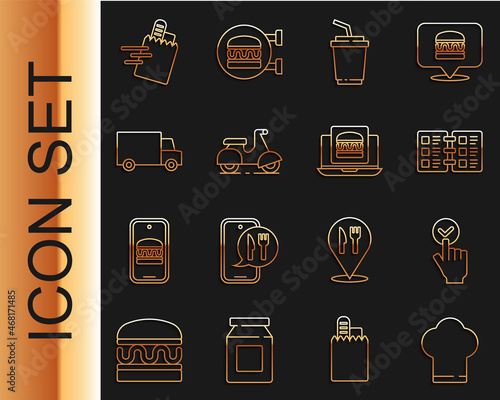 Set line Chef hat, Online ordering and delivery, Restaurant cafe menu, Paper glass with water, Scooter, Fast by car, and burger icon. Vector
