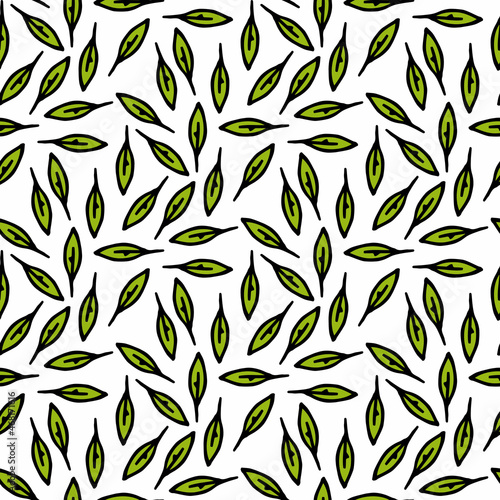 Seamless pattern with positive stylish green leaves on white background. Vector image.