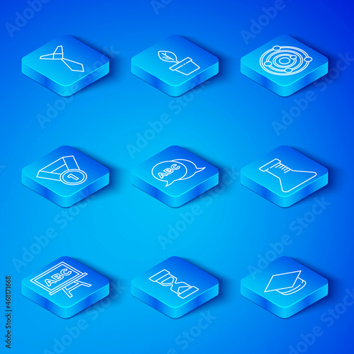 Set line Chalkboard, Alphabet, Old hourglass with sand, Test tube flask, Solar system, Medal, Tie and Graduation cap icon. Vector