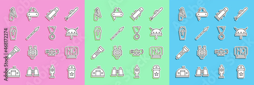 Set line Chevron, Military headquarters, Viking in horned helmet, Rocket, Medieval spear, Coffin with cross, Cocktail molotov and reward medal icon. Vector