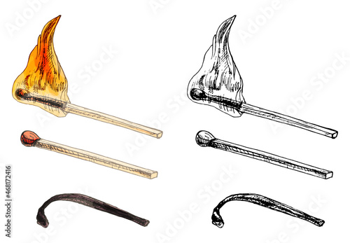 Three types of matches - whole, burning, burnt. Vintage vector hatching