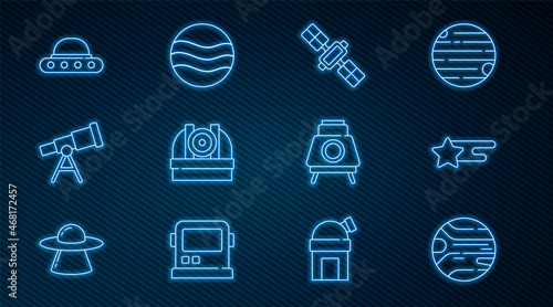 Set line Planet, Falling star, Satellite, Astronomical observatory, Telescope, UFO flying spaceship, Mars rover and icon. Vector