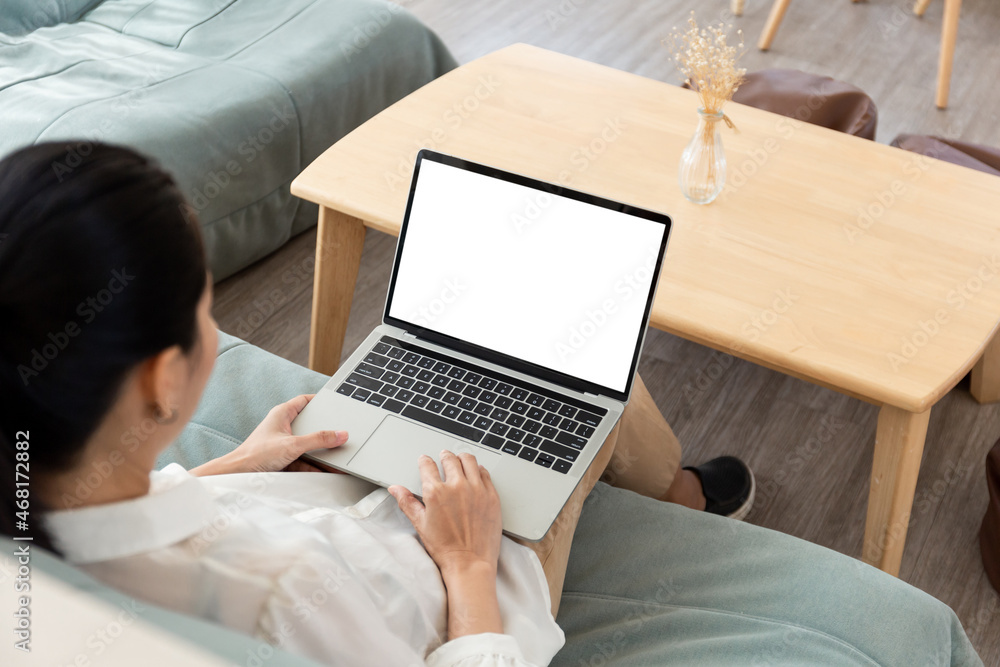 computer screen blank mockup.hand woman work using laptop with white ...