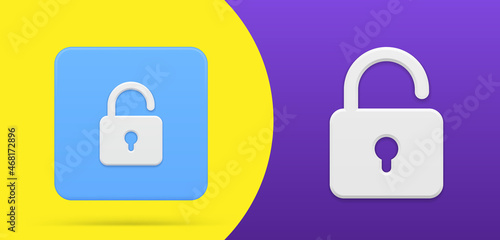 Simple 3d icon open hanged lock button and emblem set at yellow purple background vector