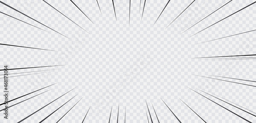 Manga radial lines. Comic speed effect. Superhero banner with flash rays. Splash frame on transparent background. Anime motion pattern. Crash bang zoom. Explosion bomb template. Vector illustration.