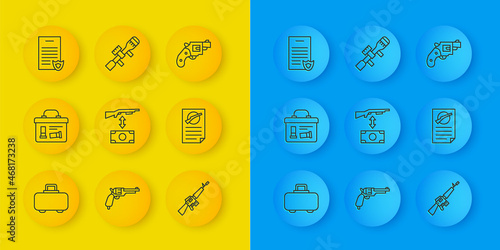 Set line Weapon case, Military ammunition box, Buying assault rifle, M16A1, Firearms license certificate, Small gun revolver and Sniper optical sight icon. Vector