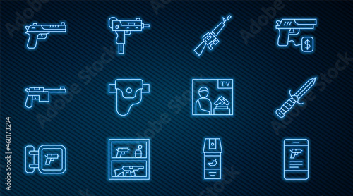 Set line Shop weapon in mobile app, Military knife, M16A1 rifle, Gun holster, Mauser gun, Desert eagle, Advertising and UZI submachine icon. Vector