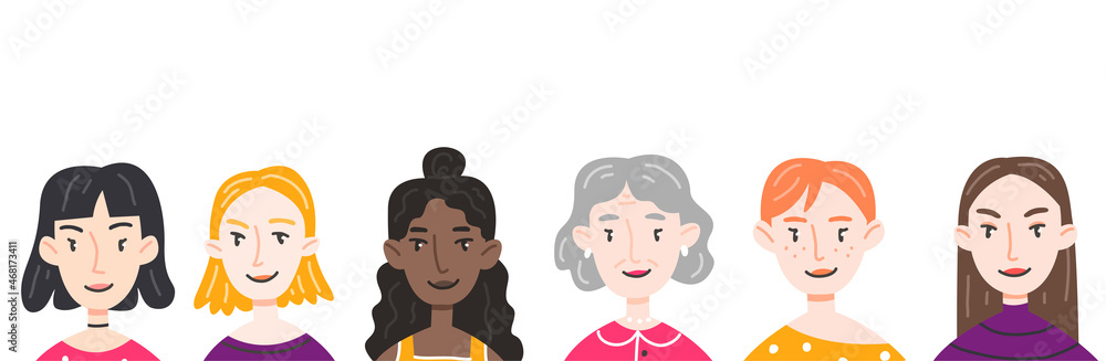 Banner with women of different ages and nationalities in cute cartoon style. Vector illustration with characters. Banner with women of different ages and nationalities in cute cartoon style. Vector illustration with characters.