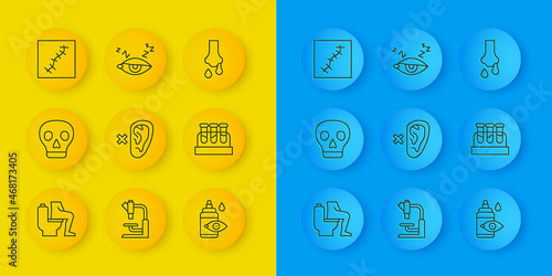 Set line Constipation, Skull, Deaf, Eye drop bottle, Test tube with blood, Scar suture, Runny nose and Insomnia icon. Vector