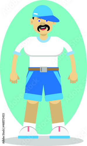 A simple flat illustration of young athlete muscular man in white t-shirt and blue jeans ans baseball cap. Black haired dad with black mustaches dressed for summer vocation activities.