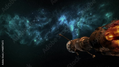A near future looking space ship passes by camera and off into space
