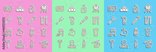 Set line Steak meat and knife, Glass of beer, Matches, Cutting board, Fire extinguisher, Barbecue fork, and Grilled shish kebab icon. Vector