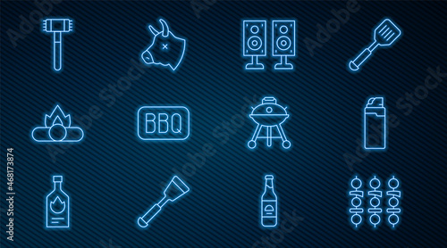 Set line Grilled shish kebab, Lighter, Stereo speaker, Barbecue, Campfire, Kitchen hammer, grill and Cow head icon. Vector